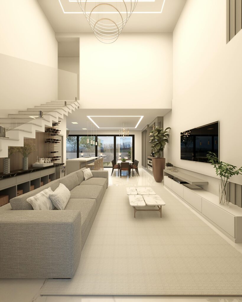 Elegant living room with minimalist design and open space in Brazil.