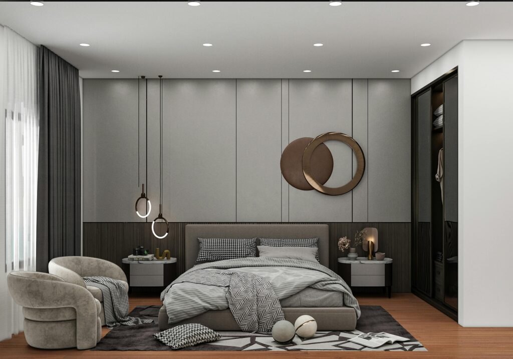 A sleek modern bedroom featuring minimalist decor with neutral tones, luxurious furniture, and stylish lighting.