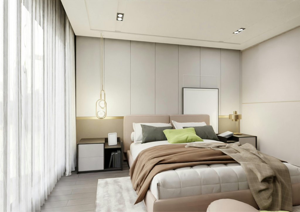 contemporary bedroom interior, pillows, clean lines, curtains, pillows, blanket, storage, contemporary interior
