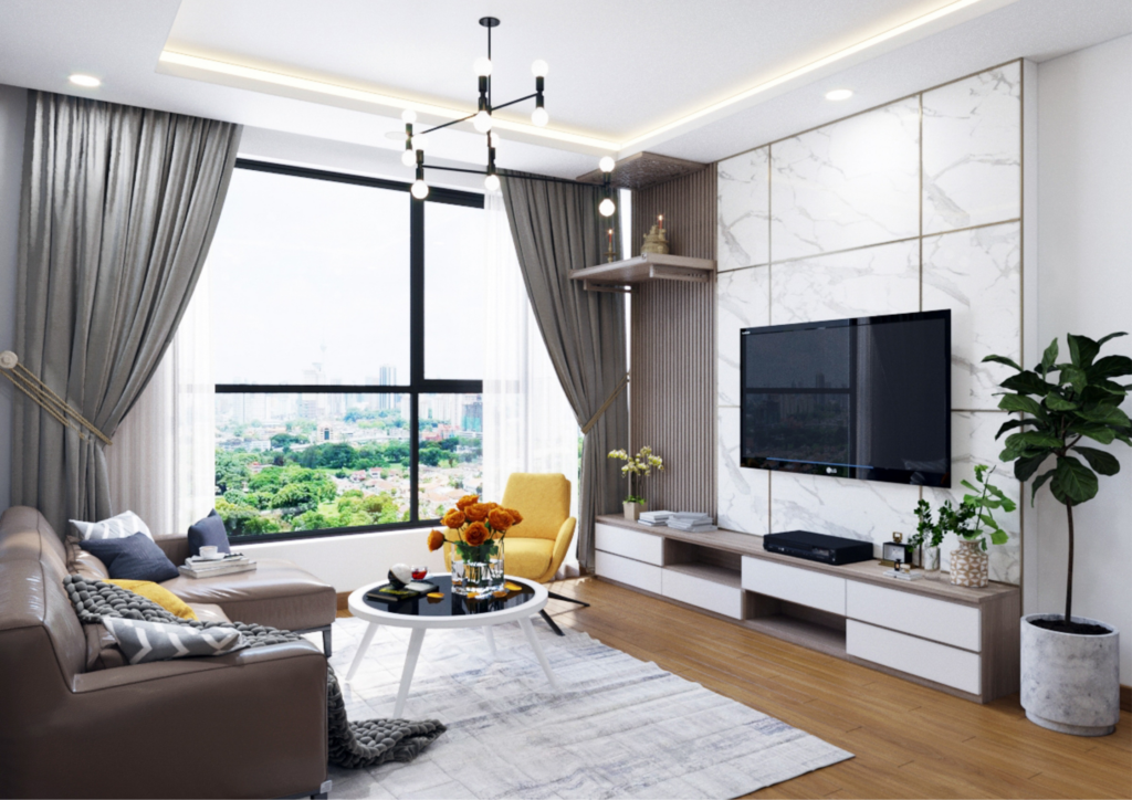 Villa interior, living room, sofa set, tv unit, curtains, living hall, area-residential interior designers in Hyderabad