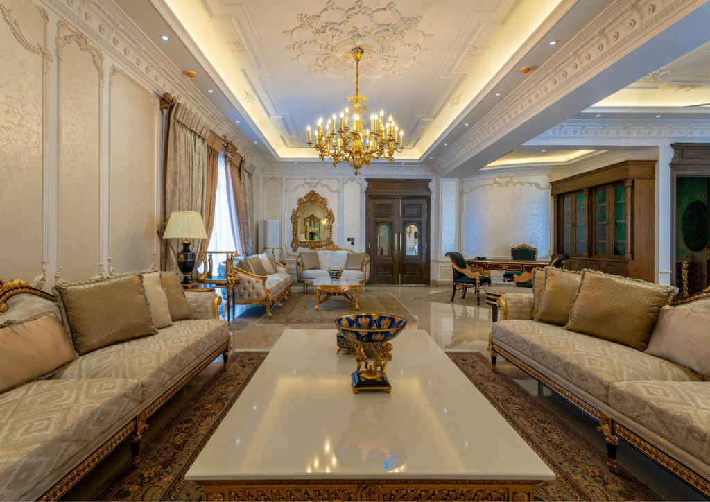 luxurious villa interior, sofa set, tv unit, white lighting, lamps, frames-residential interior designers in Hyderabad