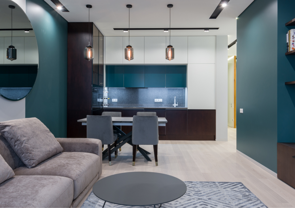 2BHK living interior, lighting lamps, sofa, tv unit, dinning area-residential interior designers in Hyderabad