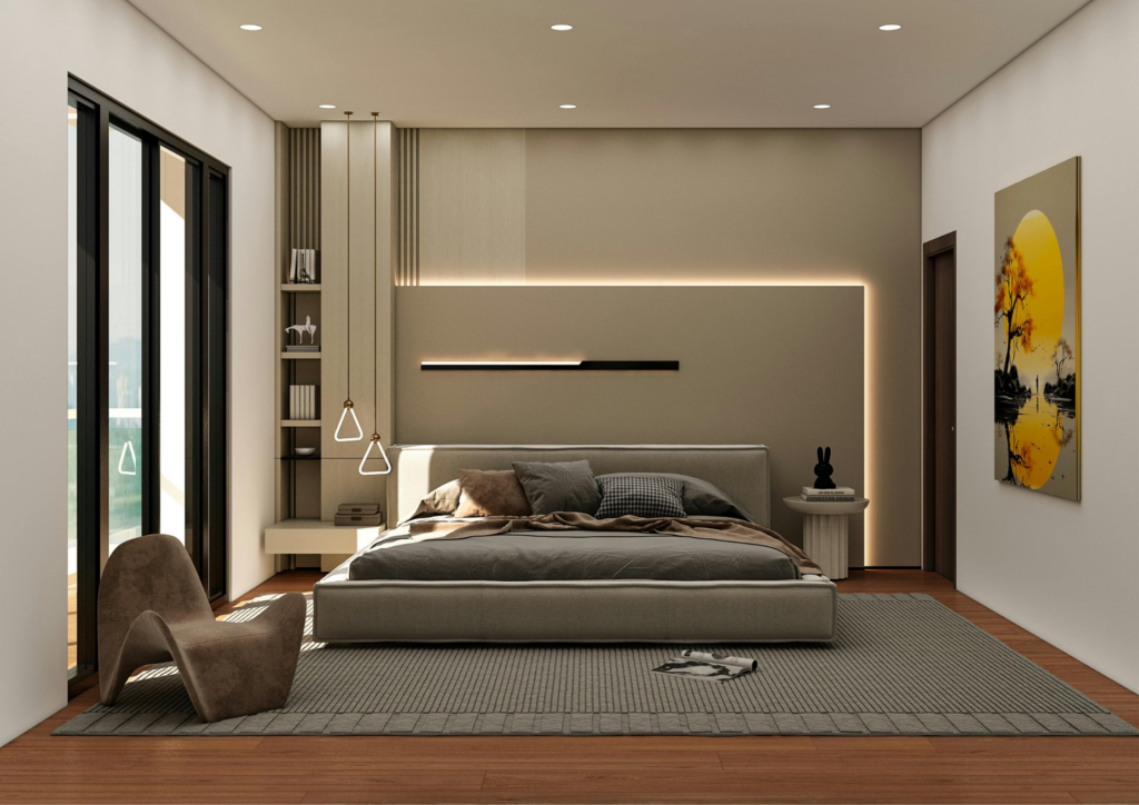 2BHK Bedroom interior, bed, curtains, chair, pillows, blankets, books, wardrobe