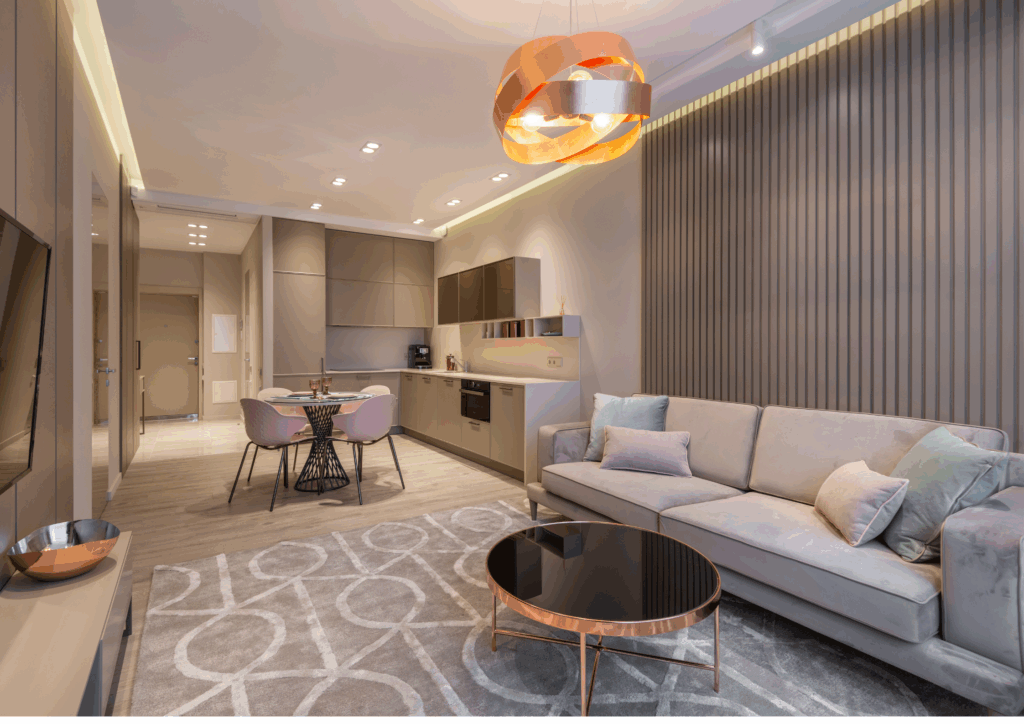 living interiors, sofa, Tv, table, chairs, living area-Vibe Vista-Residential interior designers in Hyderabad